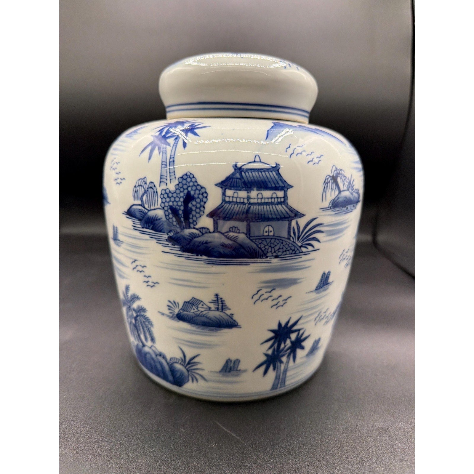 Large Vintage Blue White Chinoiserie Ginger Jar – 10 Landscape Vase