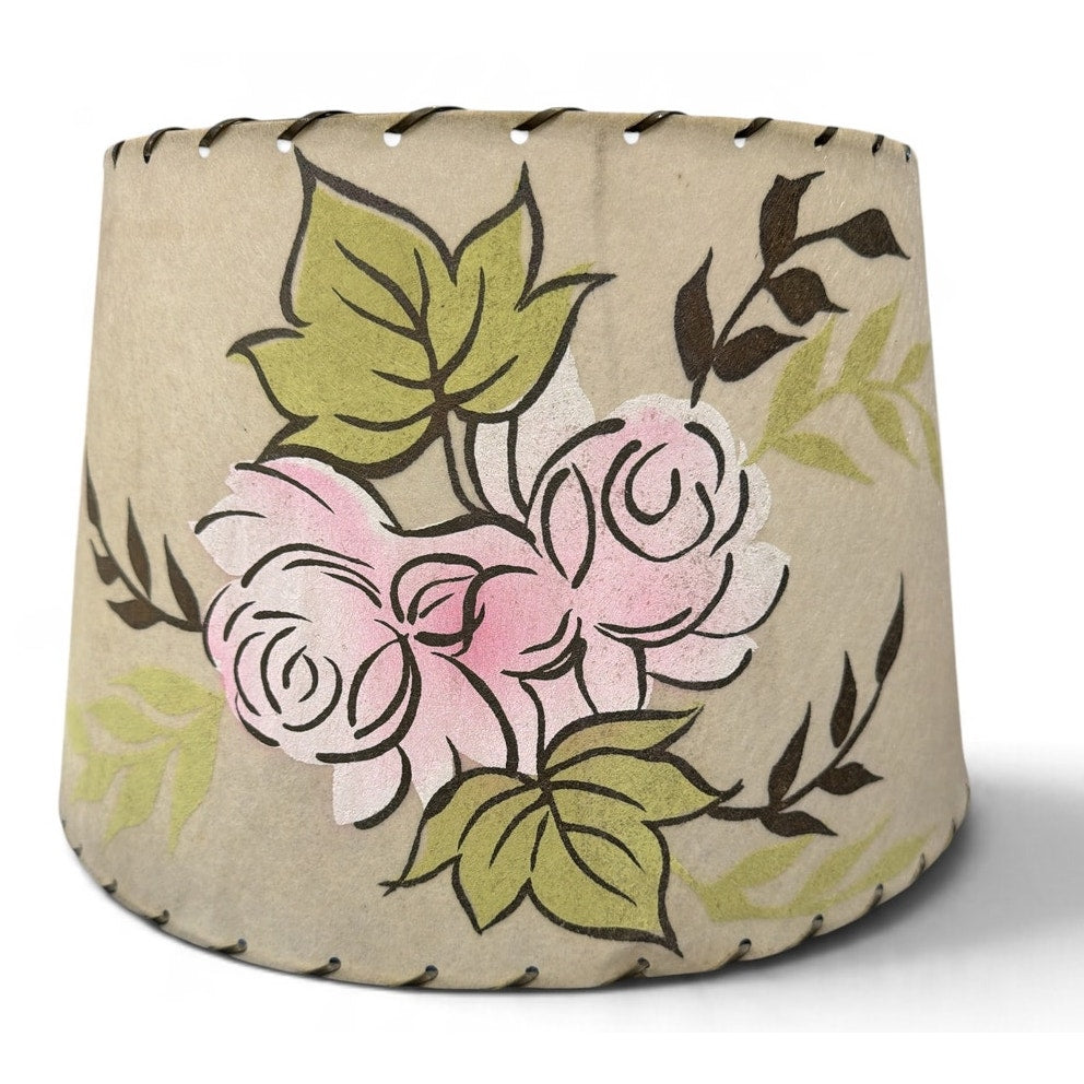 Vintage Floral Lampshades Pair Pink Roses Laced Parchment Style 1950s 14 Inch