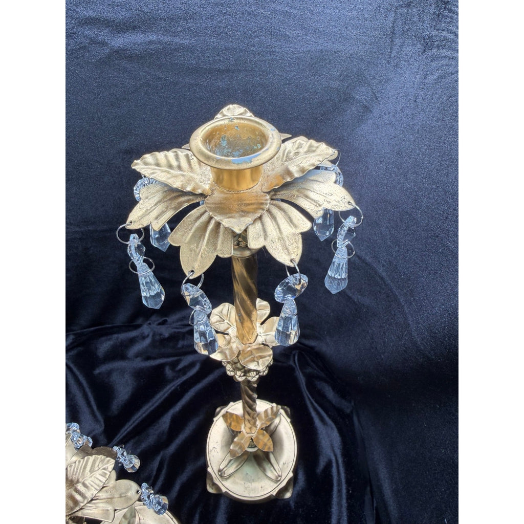 Hollywood Regency Crystal Prism Candlestick Set Gold Floral Candle Holders
