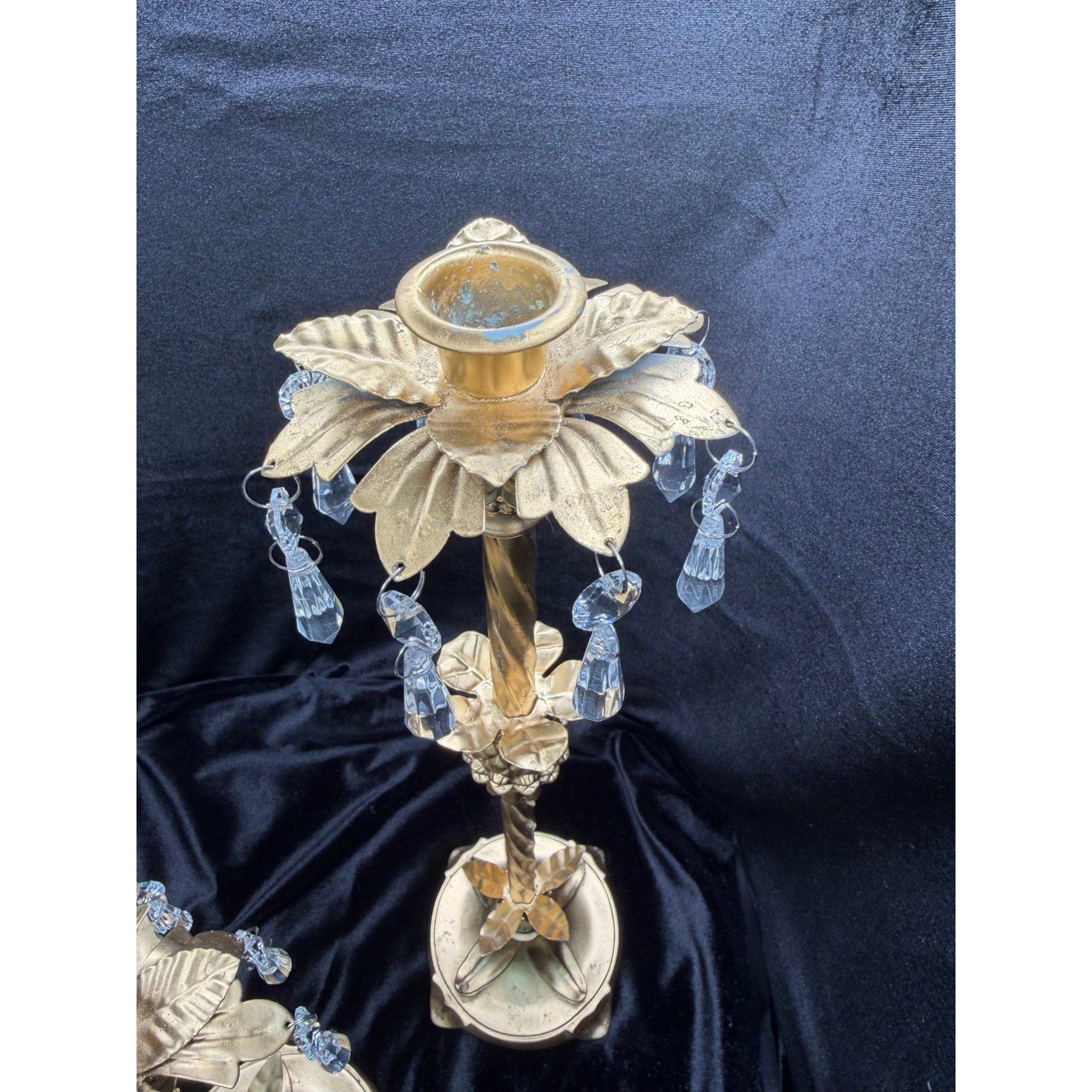 Hollywood Regency Crystal Prism Candlestick Set Gold Floral Candle Holders