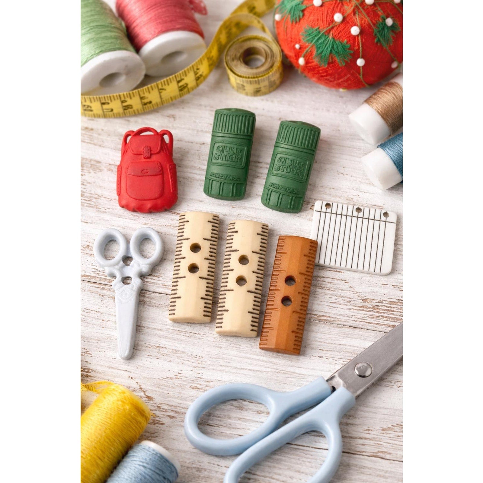 Vintage School Buttons: Backpack, Ruler, Scissors, Glue Stick Novelty Assortment