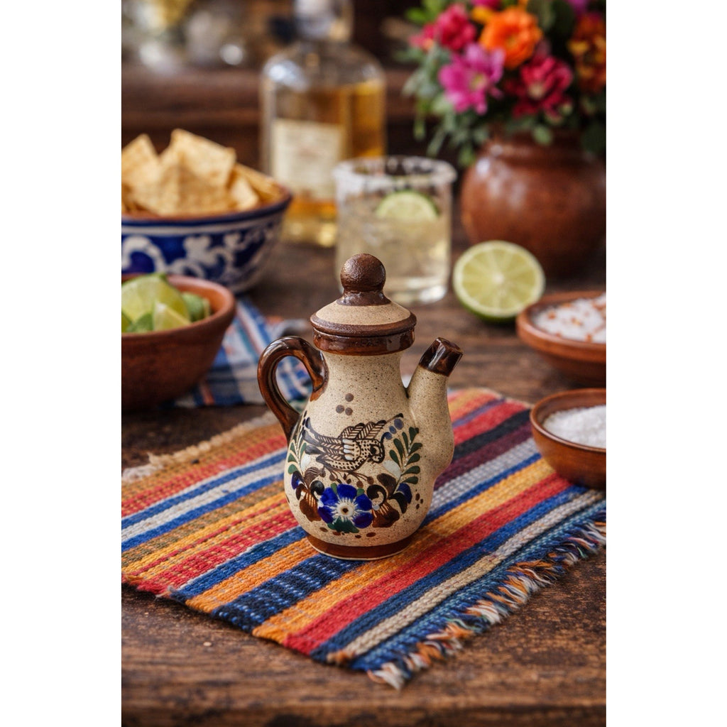 Vintage Mexican Folk Art Pottery Cruet Hand Painted Bird Oil Vinegar Pitcher