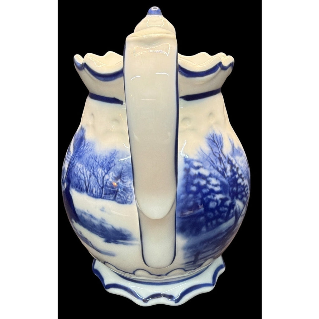 Vintage Blue White Scenic Teapot 40–48 oz Winter Cottage Tea Pot