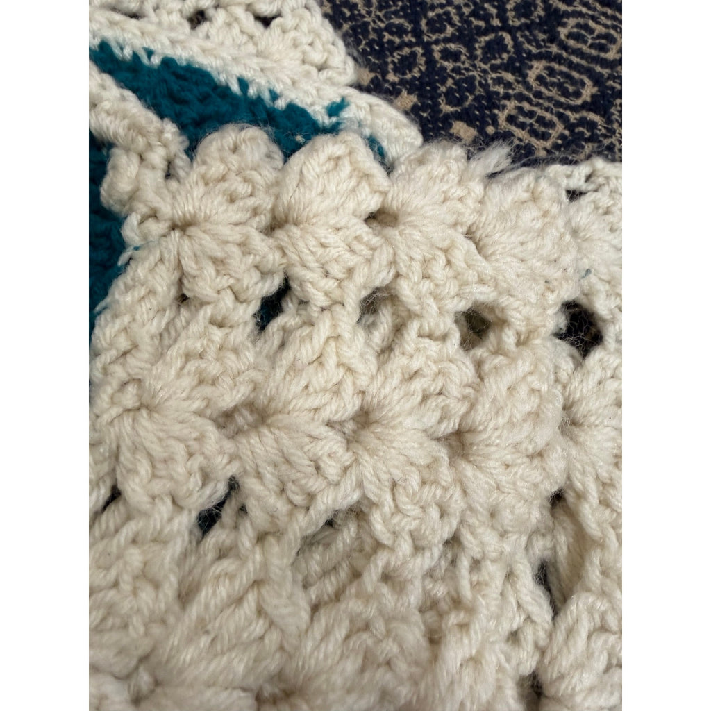 Handmade Crochet Afghan Blanket Peacock Blue Ivory Lace Trim 58 x 46