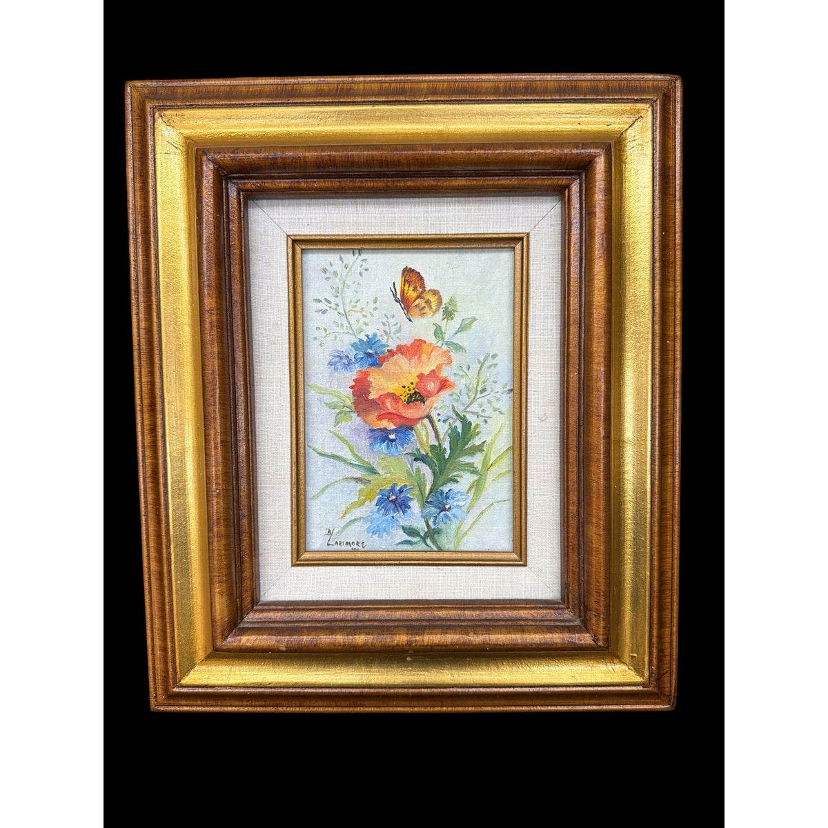 B Larimore 1981 Original Floral Painting Butterfly Signed Framed Vintage Art – additional view 2