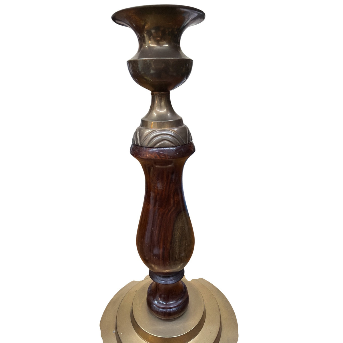 Mid Century Candlesticks Solid Brass Turned Wood 10 Inch Pair Vintage – additional view 3