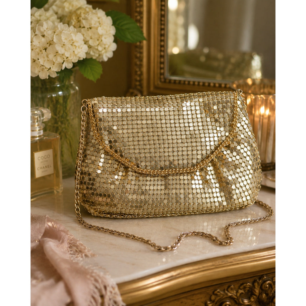 Vintage Gold Mesh Evening Bag Long Chain Purse Disco Cocktail Clutch