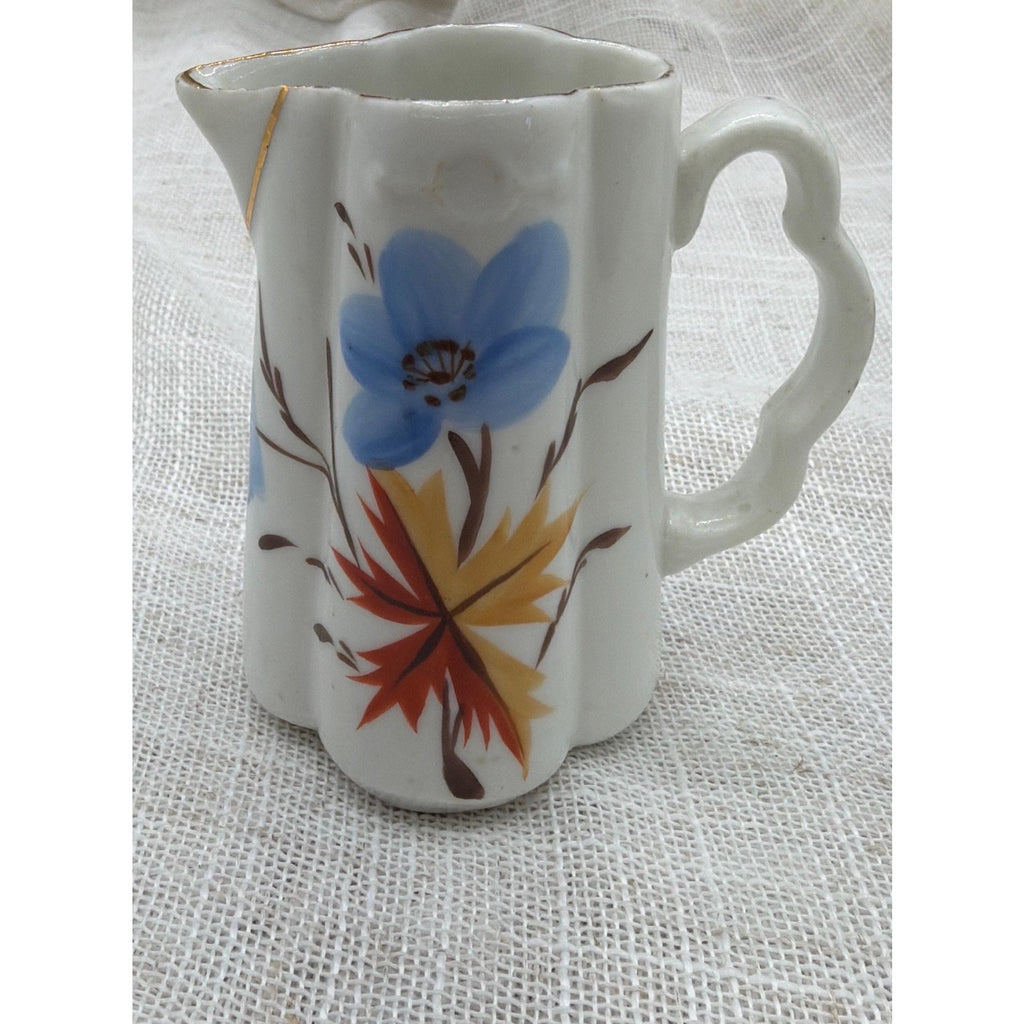 Vintage Mini Porcelain Creamer Bud Vase Blue Floral Gold Trim Tiny Vase