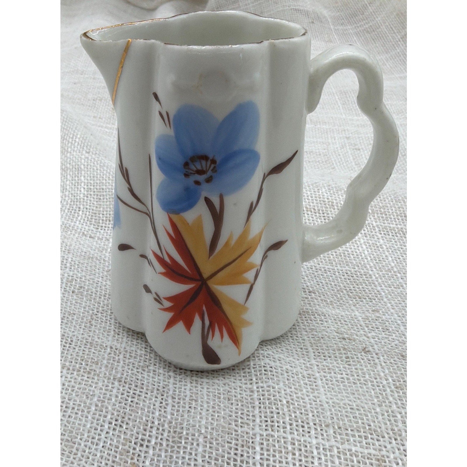 Vintage Mini Porcelain Creamer Bud Vase Blue Floral Gold Trim Tiny Vase
