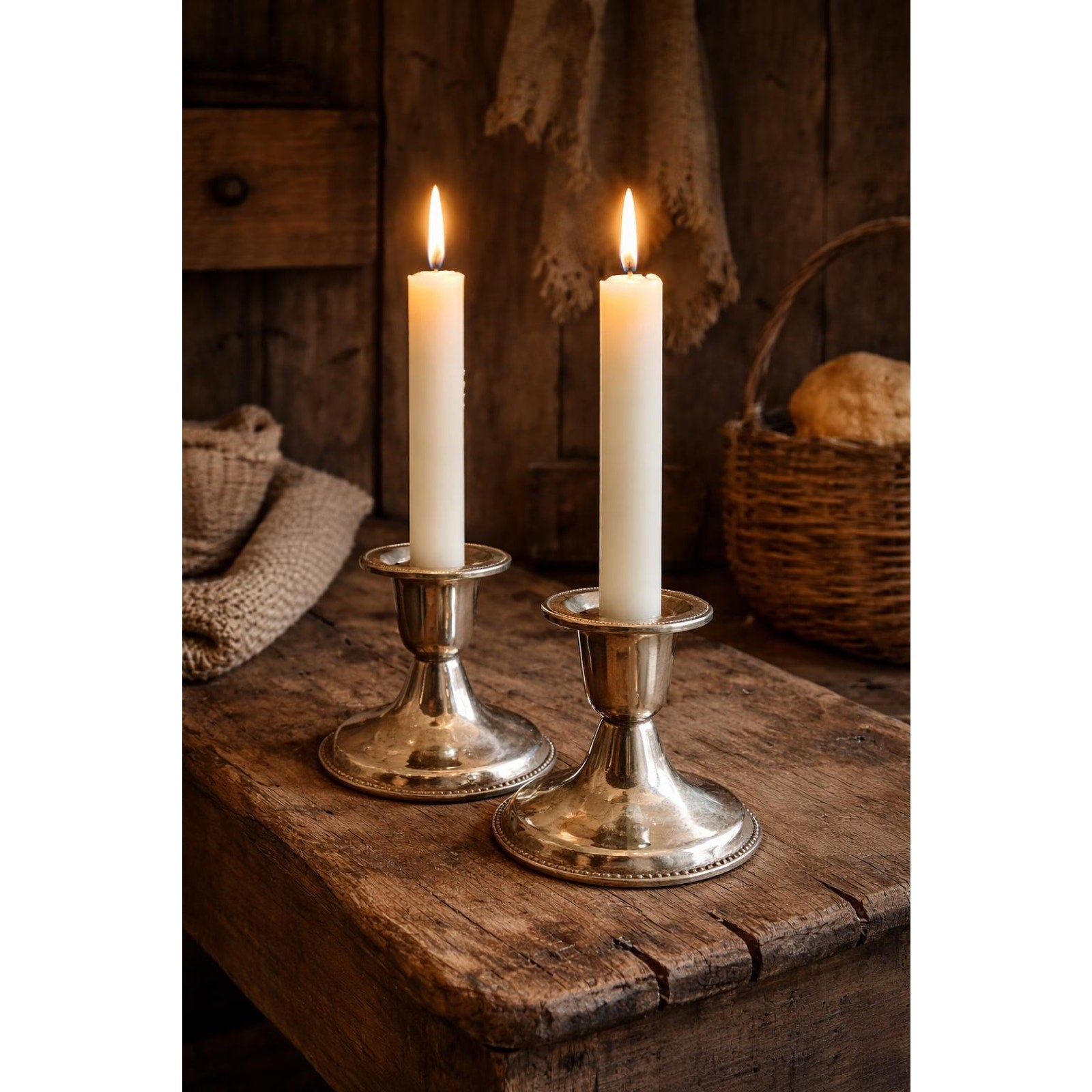 Primitive Silver Plate Candlesticks Pair Farmhouse Decor Small Vintage