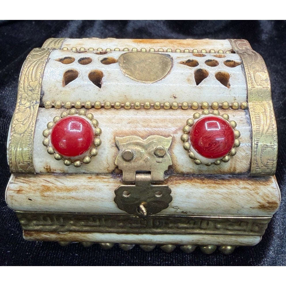 Vintage Bone & Brass Jewelry Box Purple Velvet Lined Keepsake Trinket Box