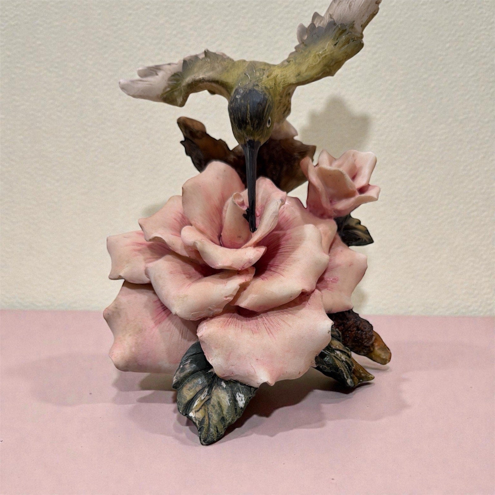 Hummingbird on Pink Rose Figurine Resin Floral Garden Decor Sculpture 8”