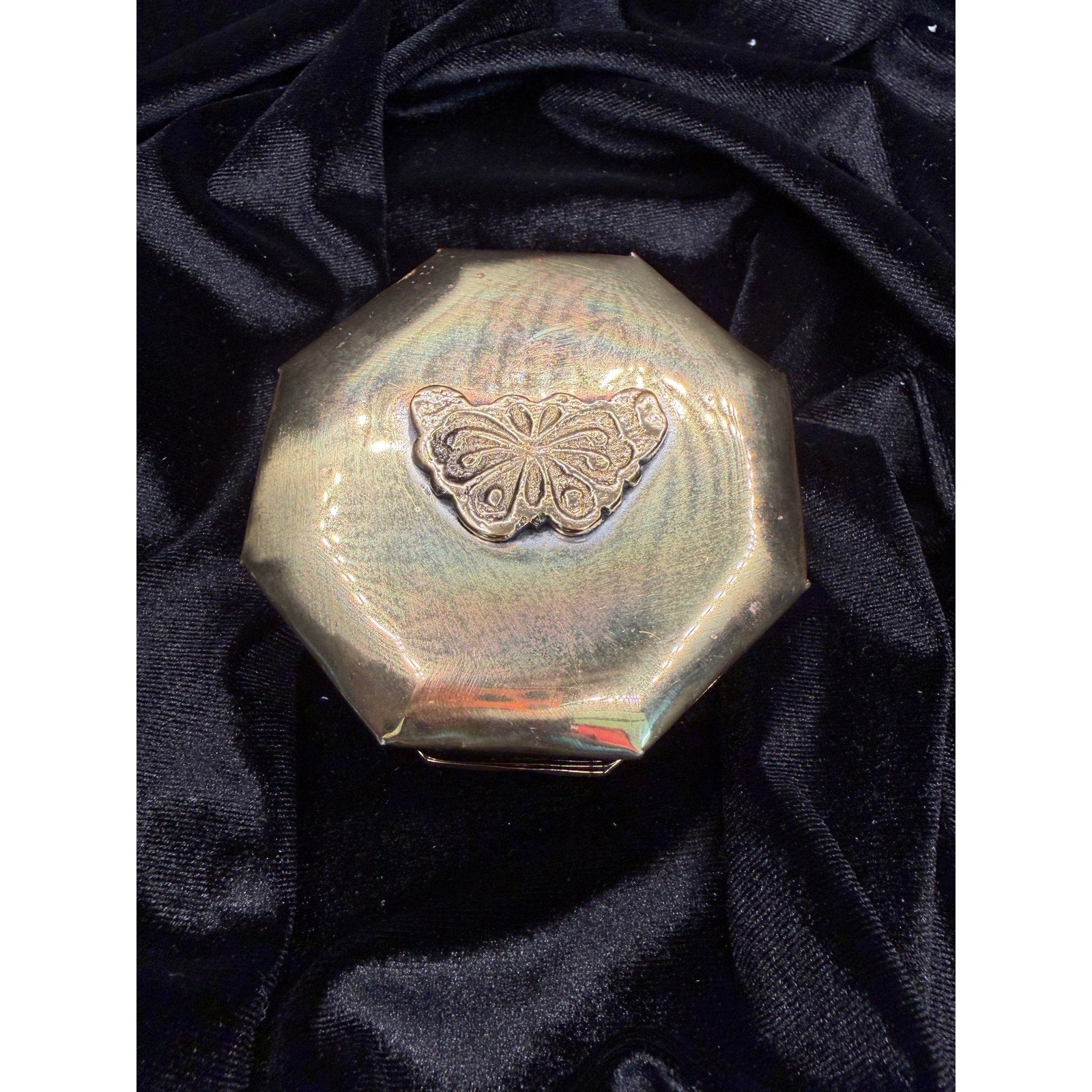 Vintage Brass Butterfly Trinket Box Octagonal Hinged Jewelry Keepsake Box