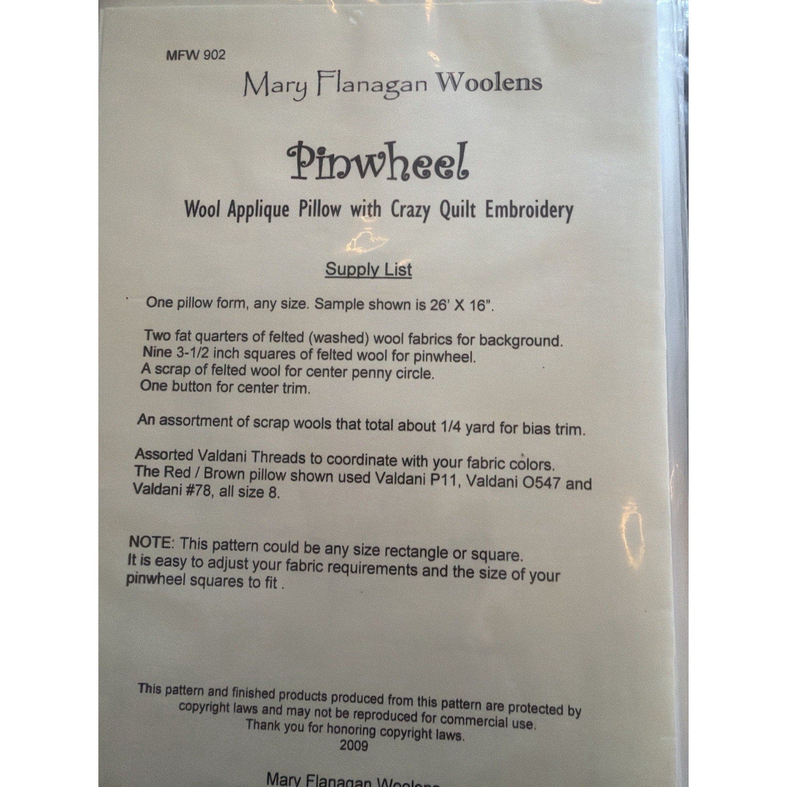 Mary Flanagan Woolens Pinwheel MFW 902 Wool Applique Pillow Pattern