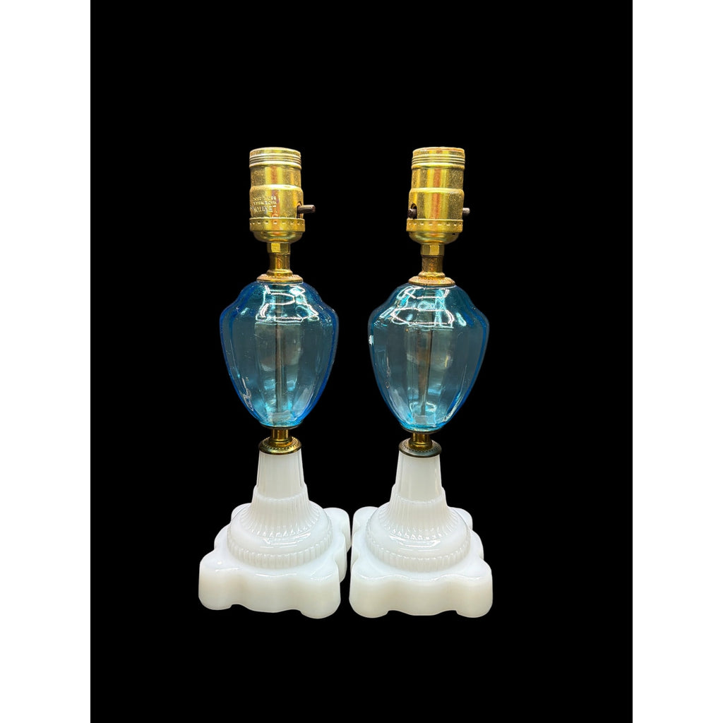 Pair Antique Converted Oil Lamp Boudoir Lamps Blue Glass & Milk Glass