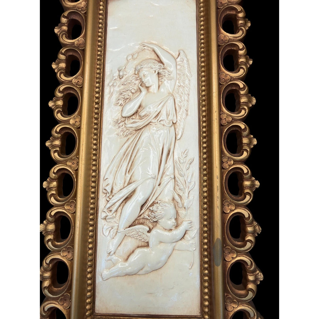Vintage Homco Angel Cherub Wall Plaques Pair Gold Ivory Hollywood Regency Neoclassical Art