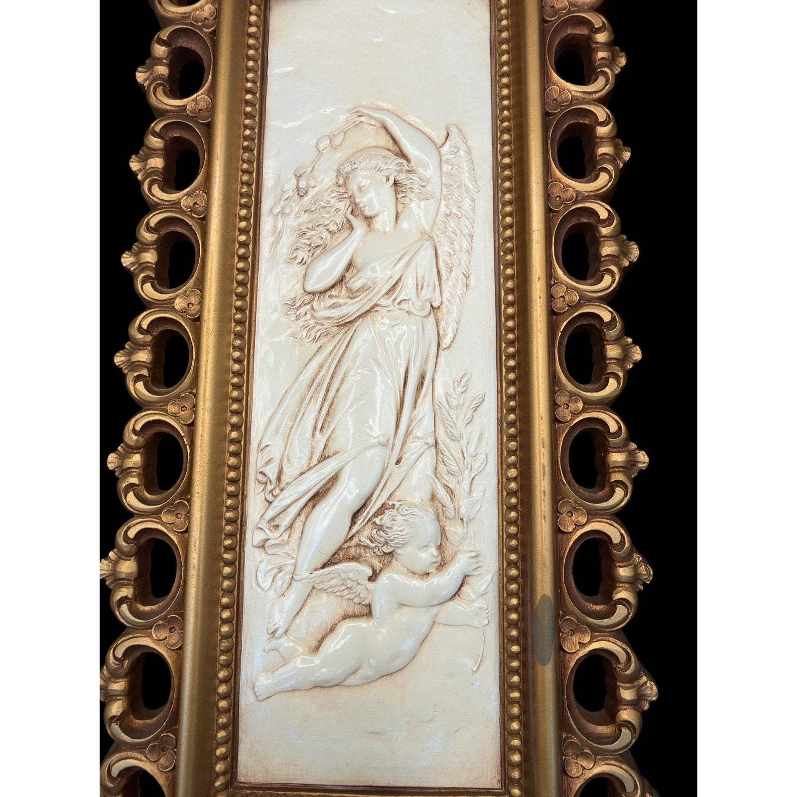 Vintage Homco Angel Cherub Wall Plaques Pair Gold Ivory Hollywood Regency Neoclassical Art