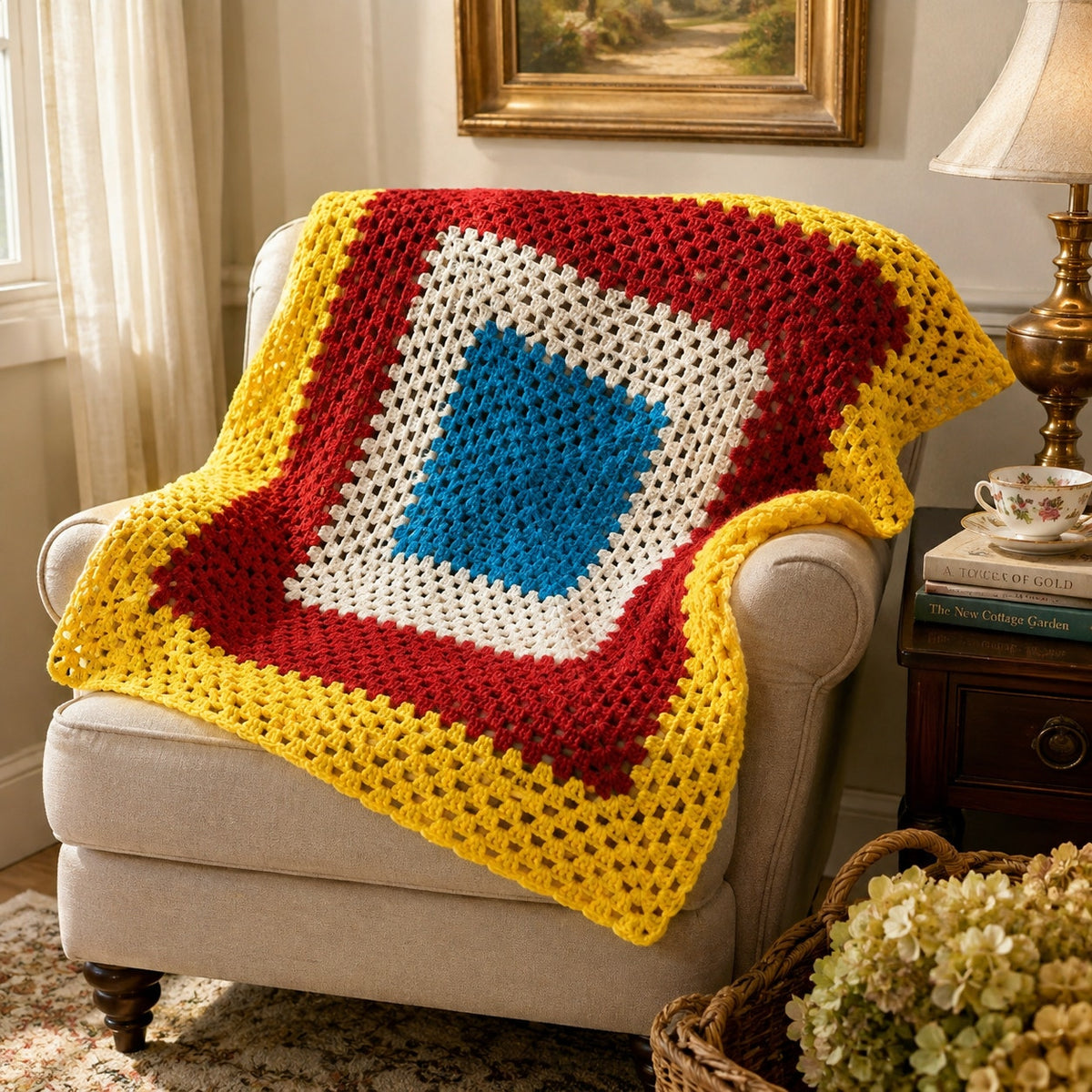 Vintage Color Block Granny Square Crochet Afghan 45" Retro Handmade Throw – main view
