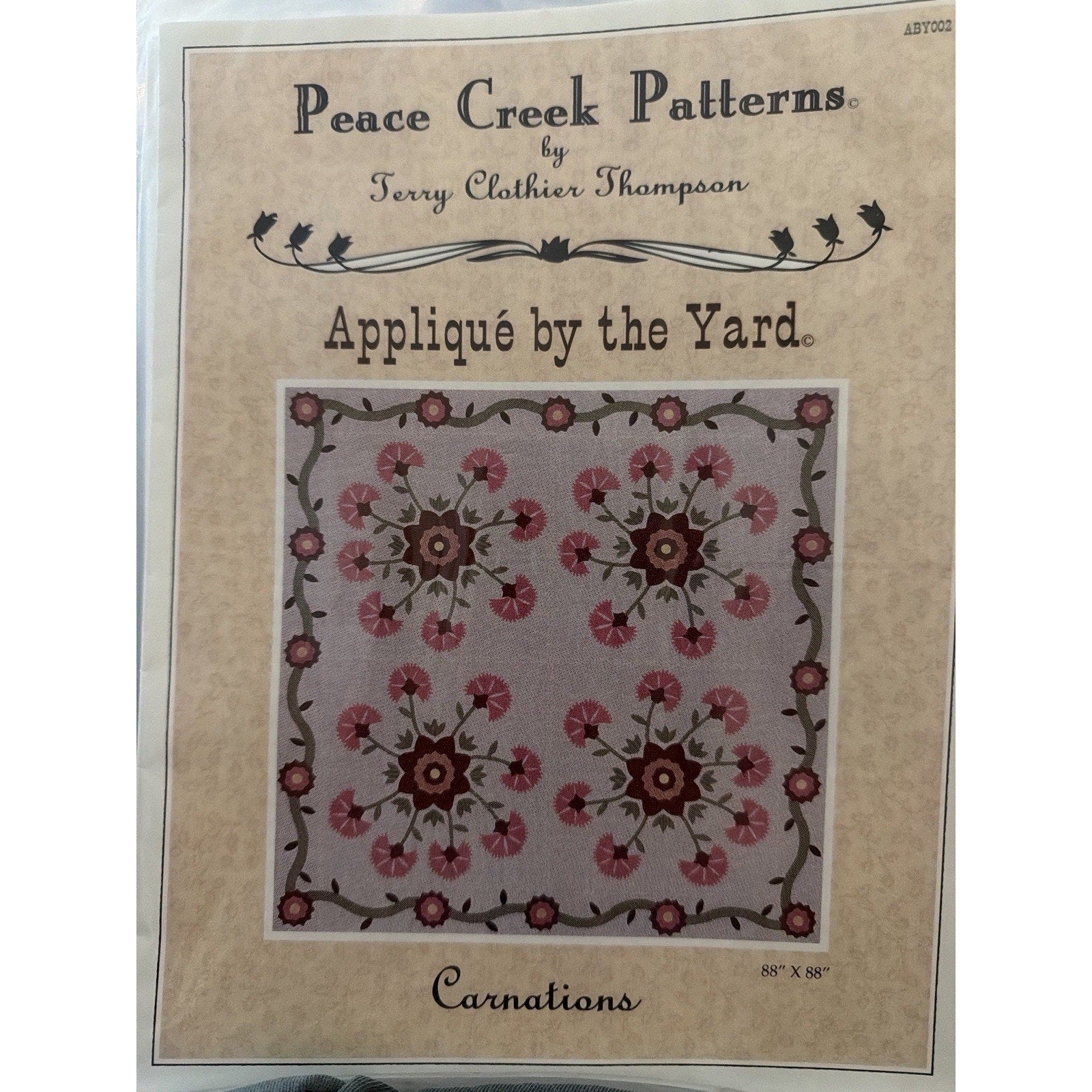 Peace Creek Carnations Applique Quilt Pattern 88x88 Uncut