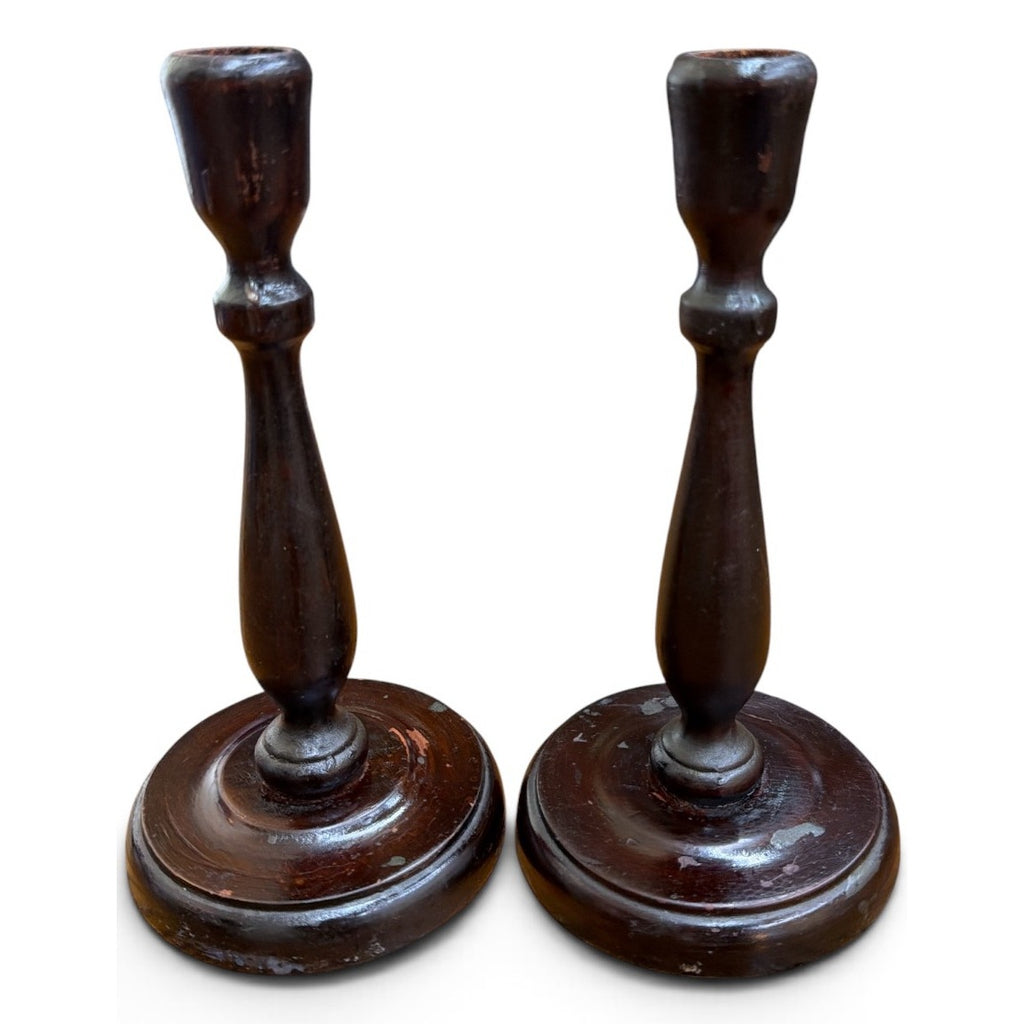 Vintage Primitive Wood Candlesticks Pair Dark Brown Timeworn 9 Inch – additional view 2
