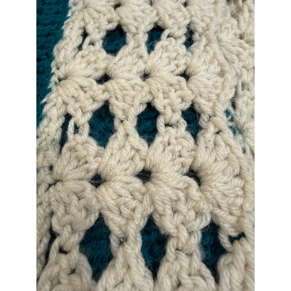 Handmade Crochet Afghan Blanket Peacock Blue Ivory Lace Trim 58 x 46