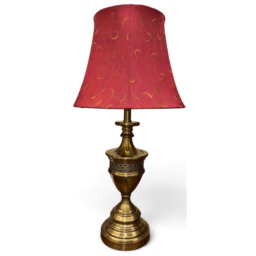 Vintage Brass Urn Table Lamps Pair with Burgundy Embroidered Silk Shades