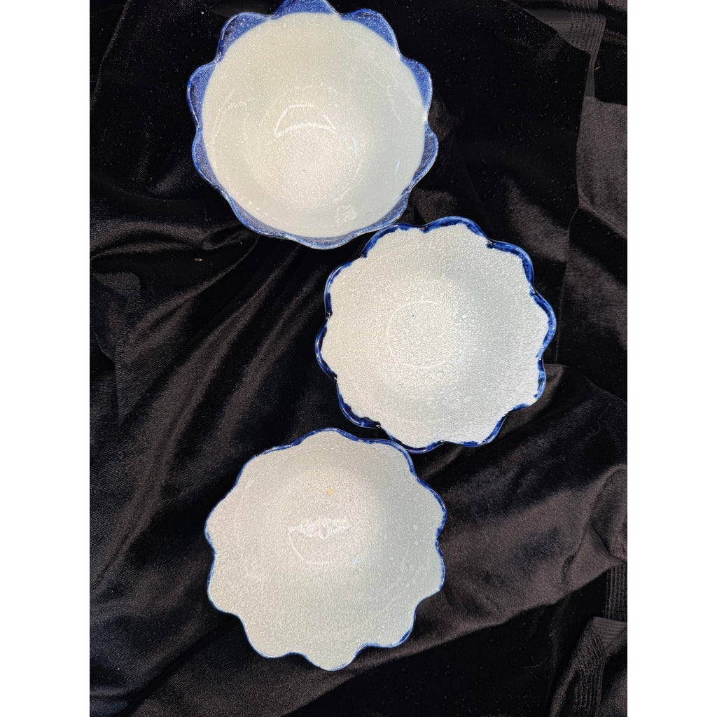 Vintage Studio Pottery Bowls Set of 3 Cobalt Blue Scalloped Dessert Rice Bowls