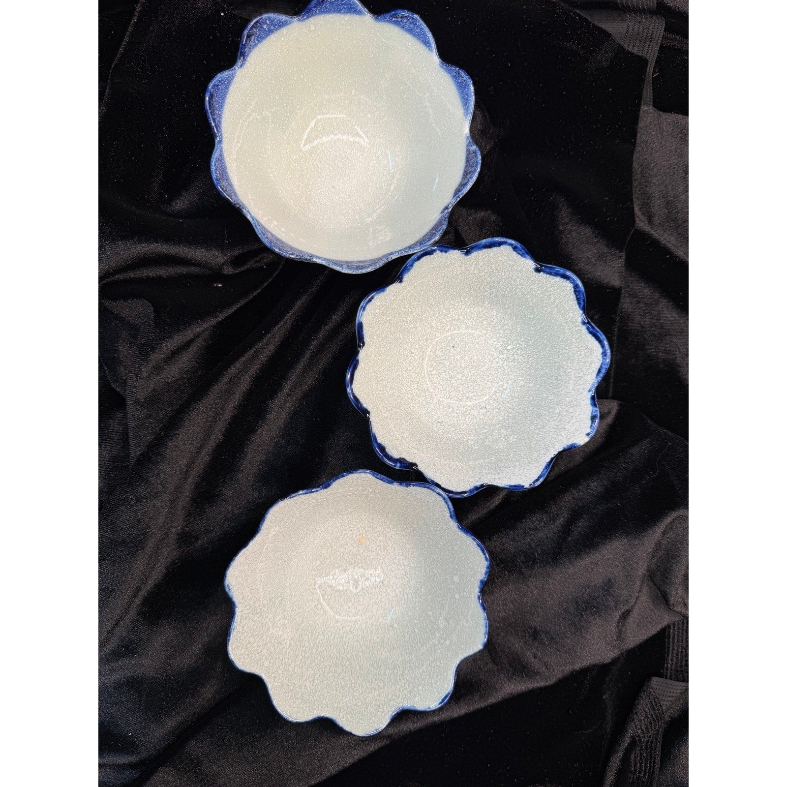 Vintage Studio Pottery Bowls Set of 3 Cobalt Blue Scalloped Dessert Rice Bowls