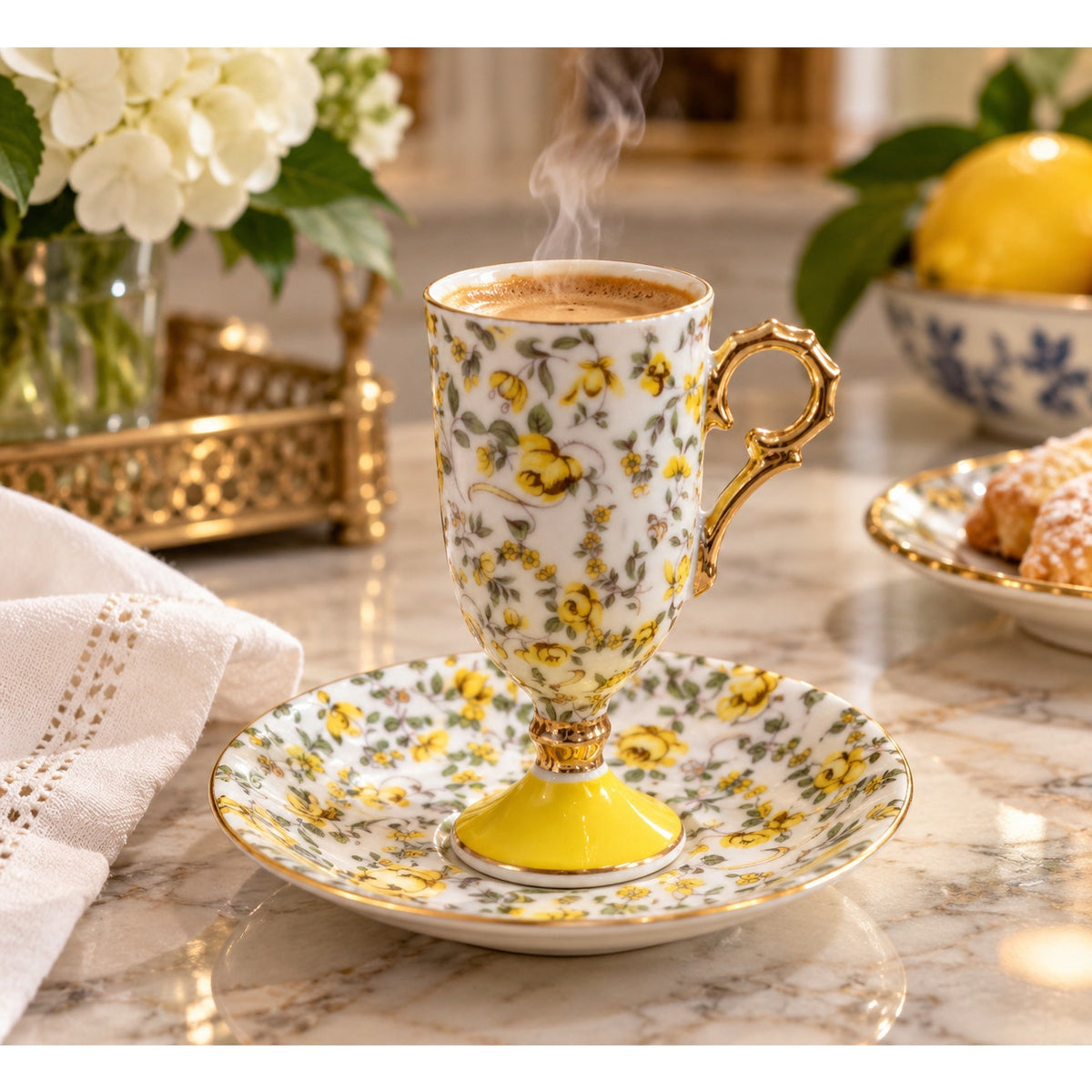Vintage Inarco Japan Demitasse Cup Saucer Yellow Rose Chintz Gold 1960s
