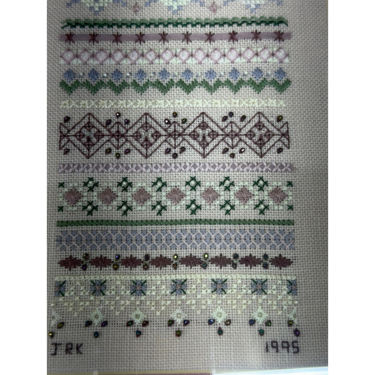 Just Nan Silver Needle Cross Stitch Sampler Beaded Framed Vintage 1994 – additional view 12
