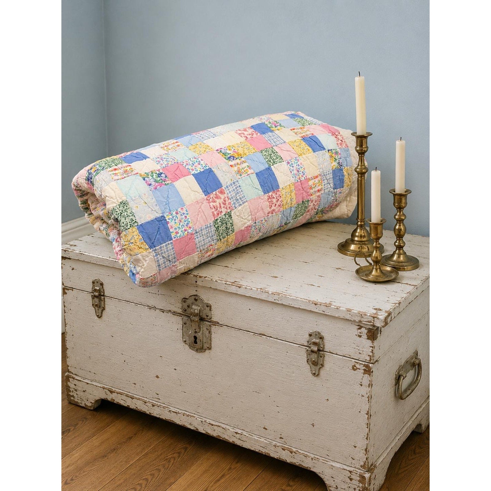 Vintage Hand Pieced Postage Stamp Quilt Hand Quilted Cotton Quilt Heirloom Cottagecore Farmhouse Bedding 86x76