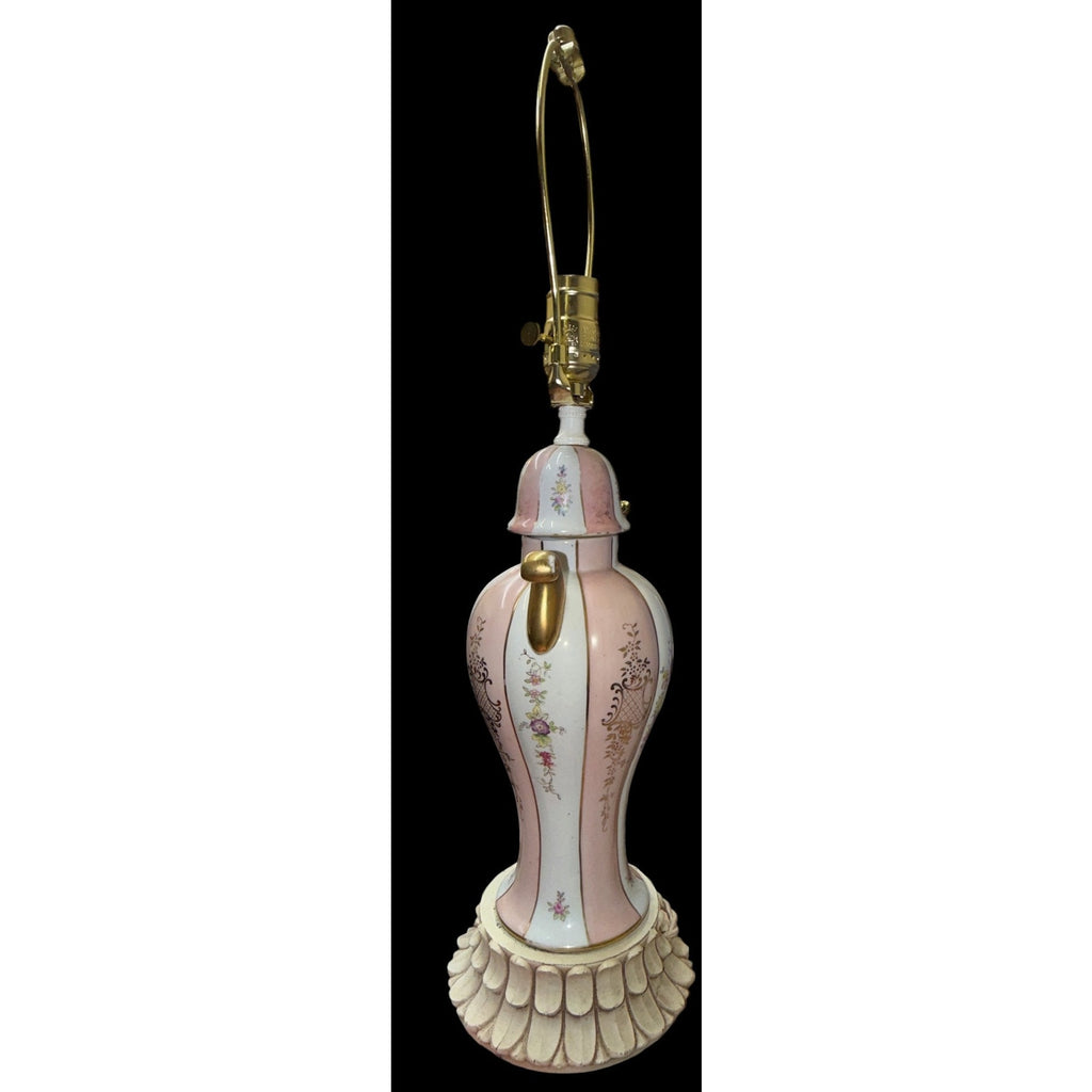 Vintage Pink Floral Ceramic Urn Table Lamp Rewired Pink Bell Shade