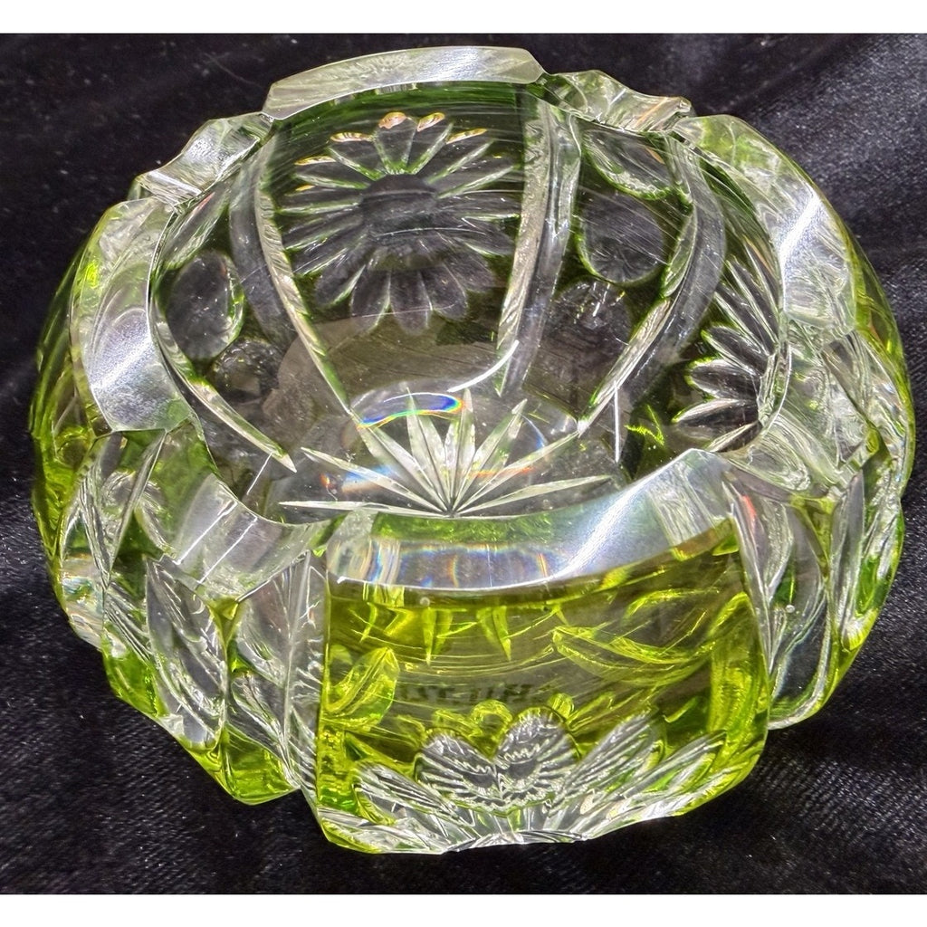 Vintage Peridot Green Cut Crystal Rose Bowl Cut to Clear Floral 4 Inch