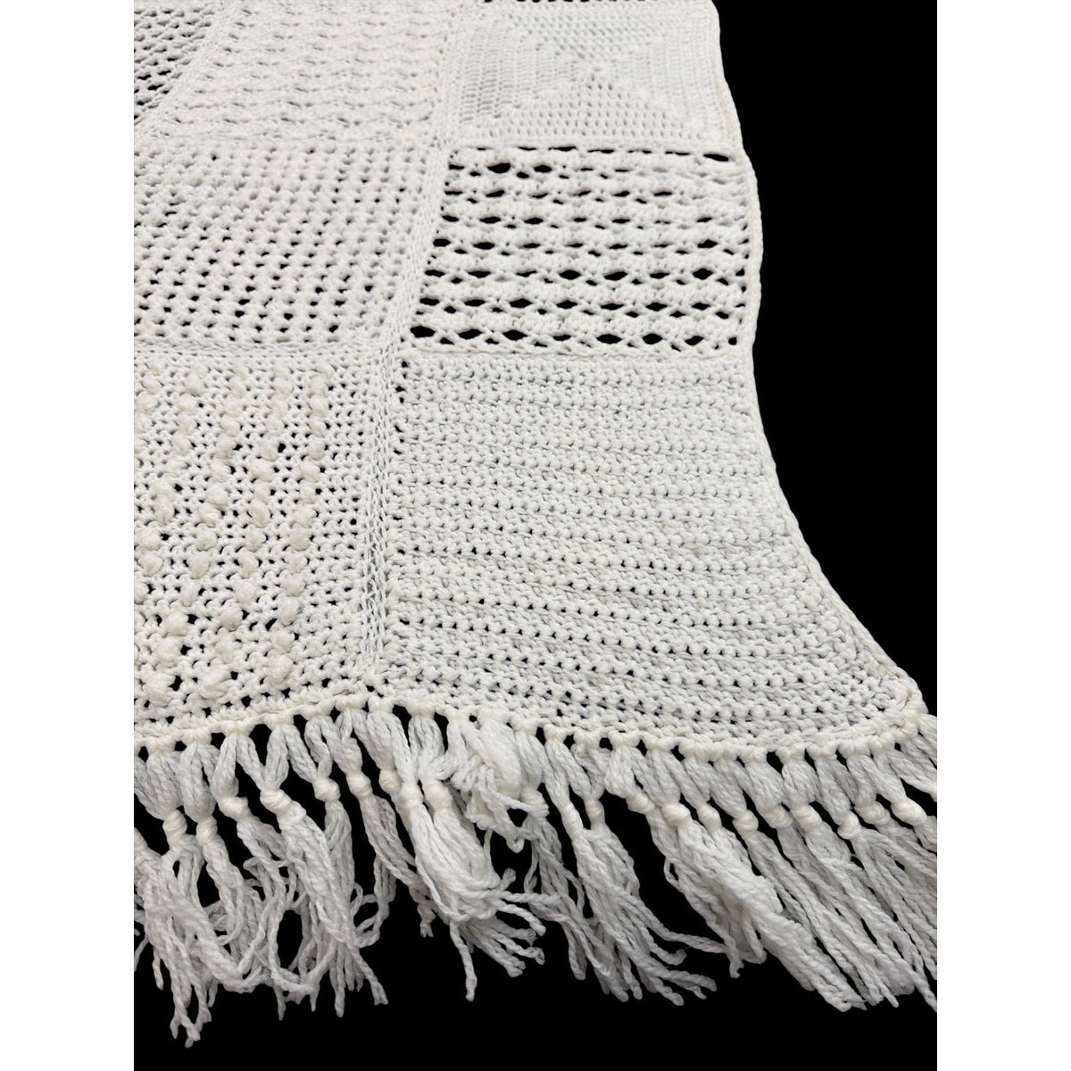Handmade Crochet Sampler Afghan Winter White Textured Fringe 45 x 64 – additional view 9