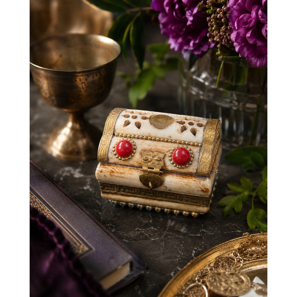 Vintage Bone & Brass Jewelry Box Purple Velvet Lined Keepsake Trinket Box