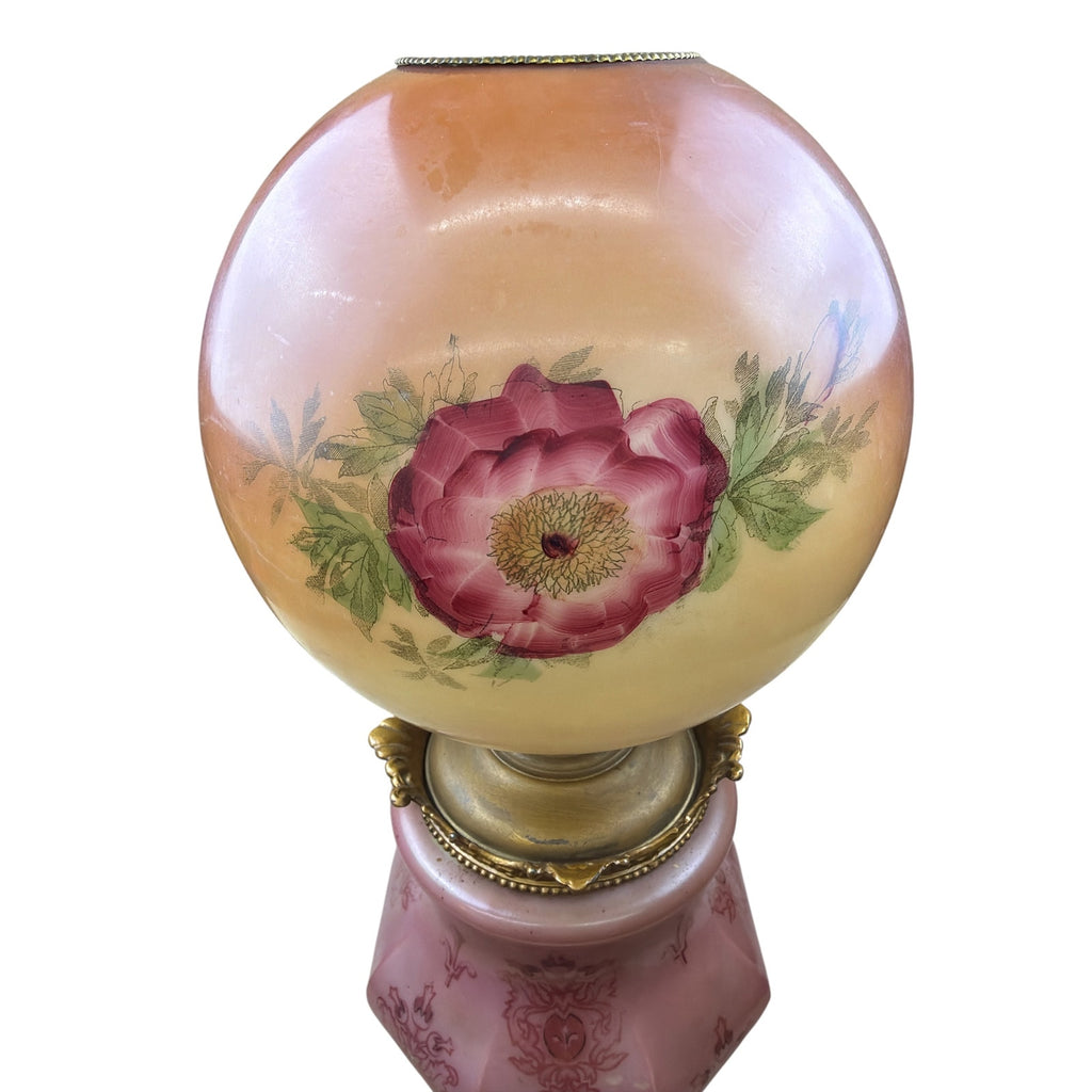 Antique Banquet Oil Lamp Pink Satin Glass Success Burner Floral Globe