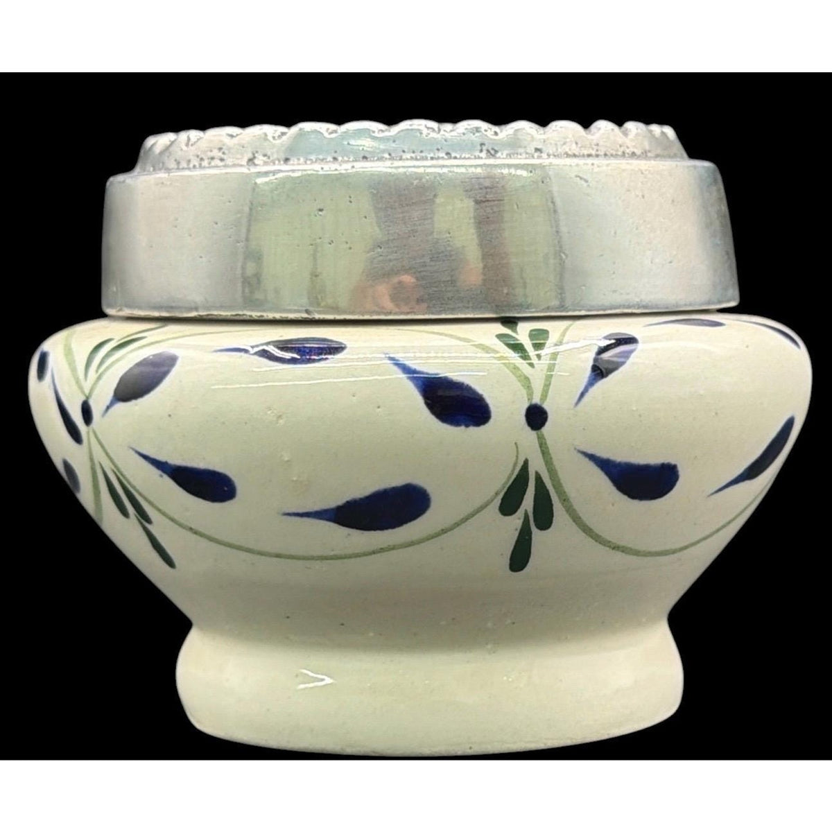 Hand Painted Mexican Ceramic Jar, Pewter Lid, Folk Art Lidded Pot – additional view 4