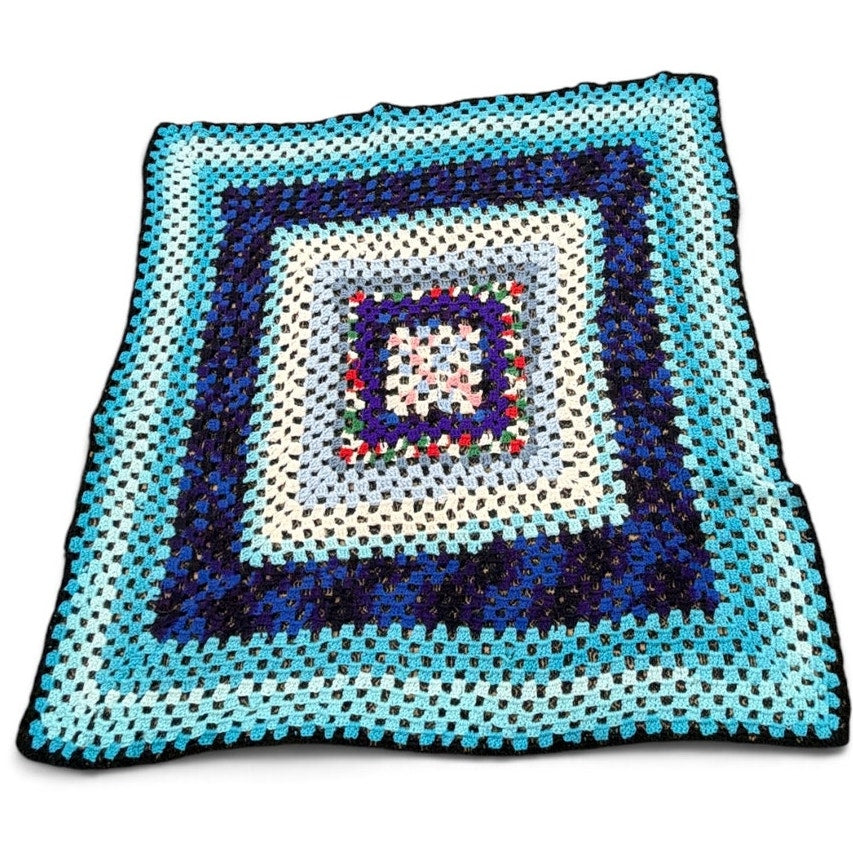 Vintage Crochet Afghan Blue Butterfly Granny Square Lap Throw 40 x 40