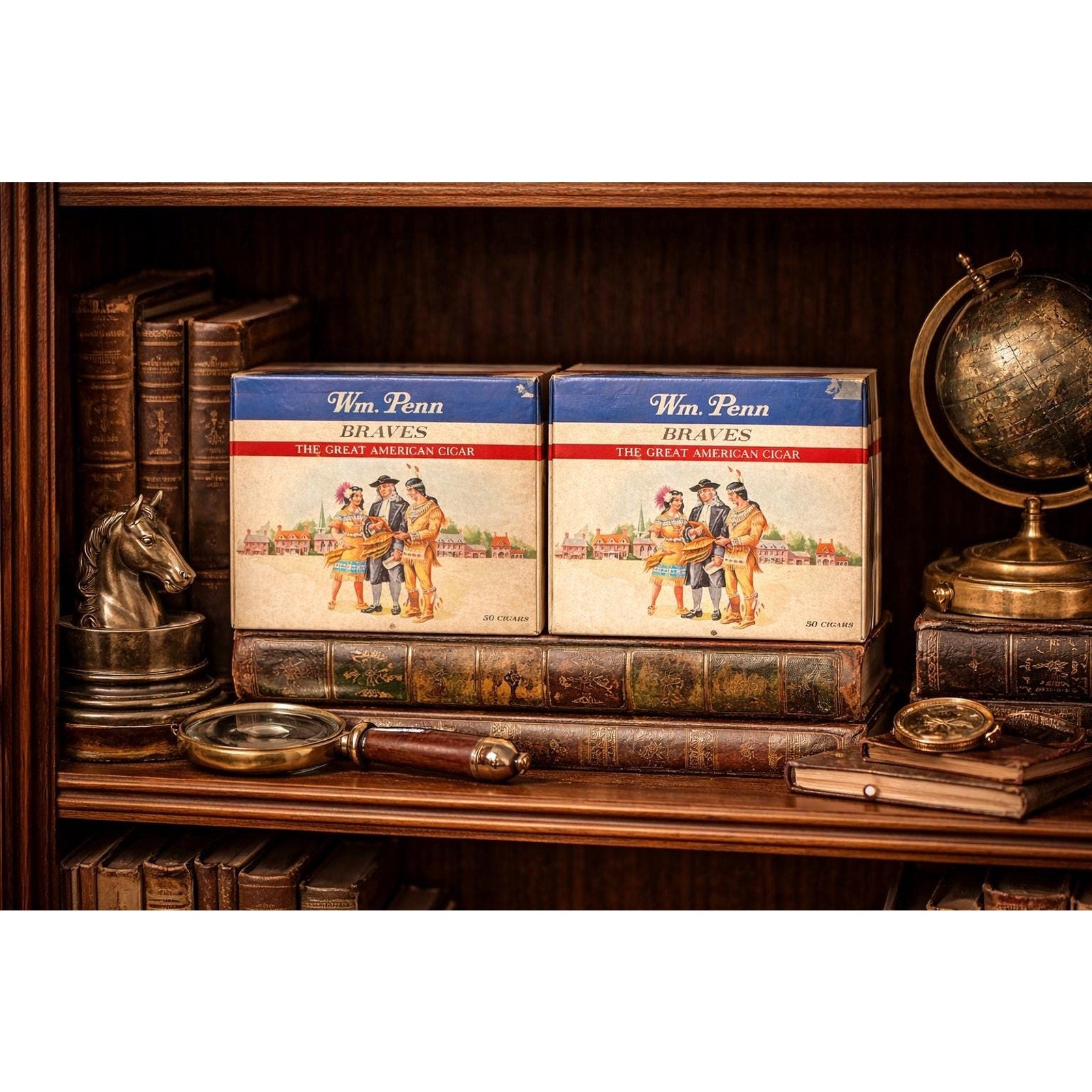 Pair of Vintage Wm Penn Braves Cigar Box Americana Decor Colonial Graphic