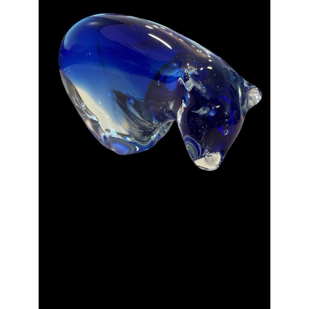 Hand Blown Blue & Clear Glass Polar Bear Paperweight / Murano Style 4 1/2" x 3"