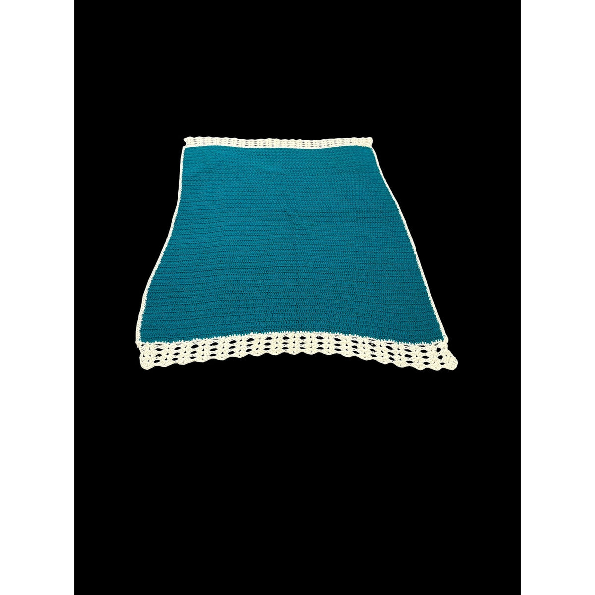 Handmade Crochet Afghan Blanket Peacock Blue Ivory Lace Trim 58 x 46