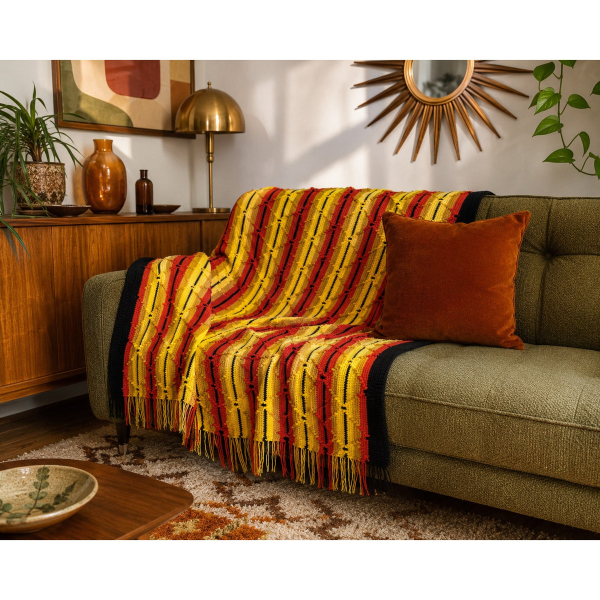 The Sunfire Afghan Vintage 1970s Crochet Geometric Blanket 70 x 54 – main view