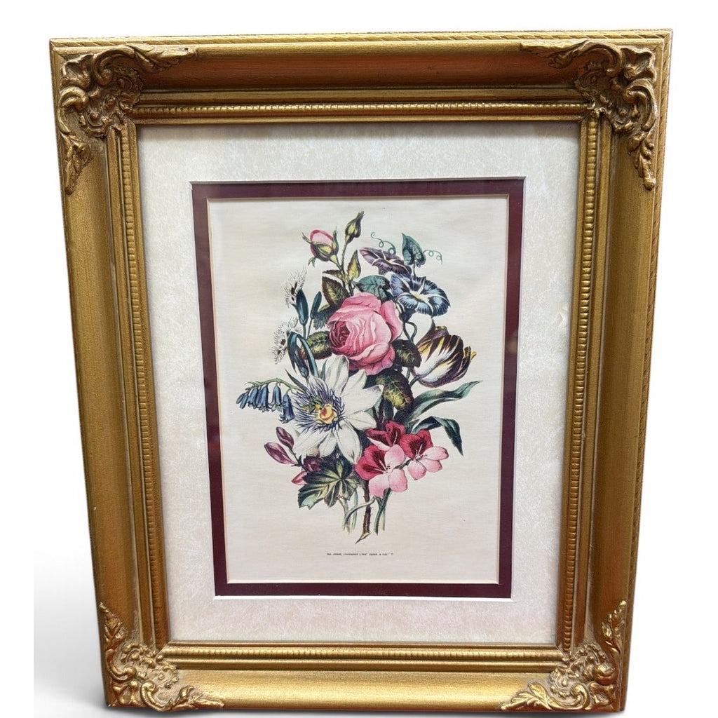 Vintage P Jerrard Botanical Floral Prints Pair Gilded Wood Frames 10.5 x 13