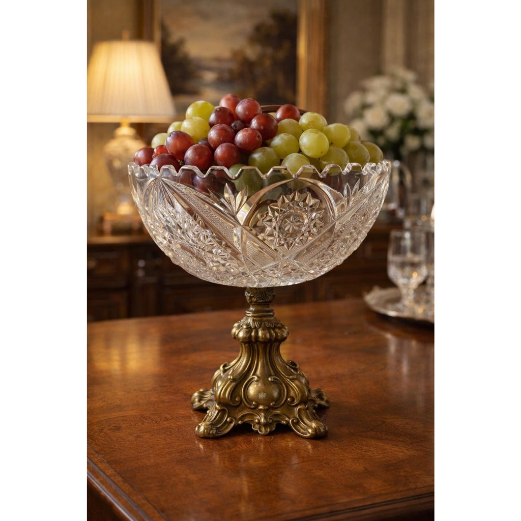 Vintage Cut Crystal Pedestal Compote Bowl, Ornate Metal Stand Centerpiece
