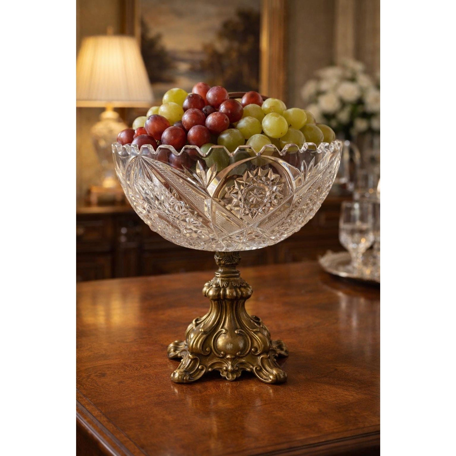 Vintage Cut Crystal Pedestal Compote Bowl, Ornate Metal Stand Centerpiece