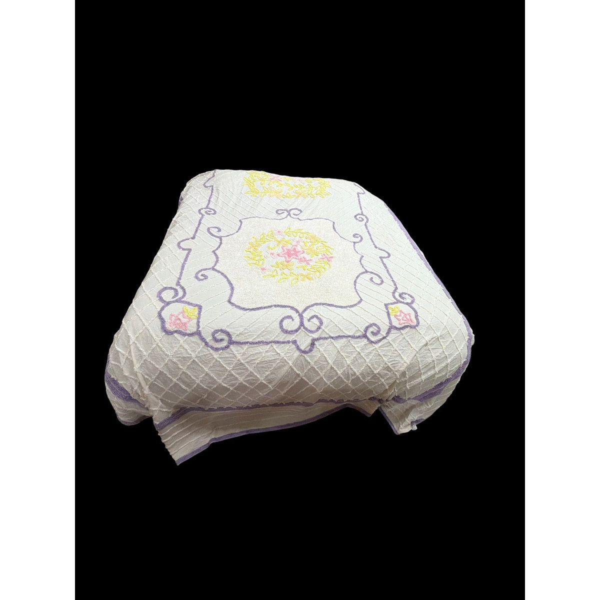 Vintage Chenille Bedspread King 108 x 122 Floral Lavender Pink Yellow – additional view 3