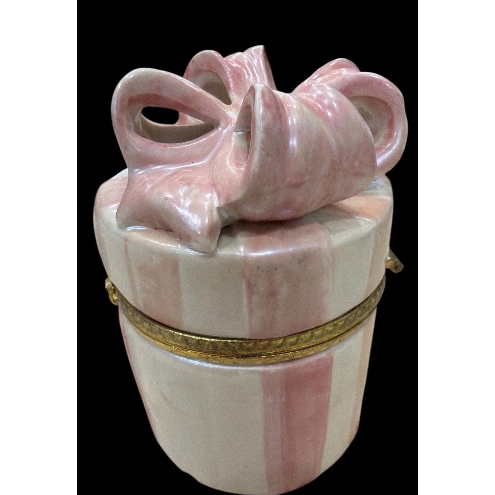 Vintage Hermitage Pottery Bow Trinket Box – Pink & White Hinged Keepsake – Romantic Vanity Decor
