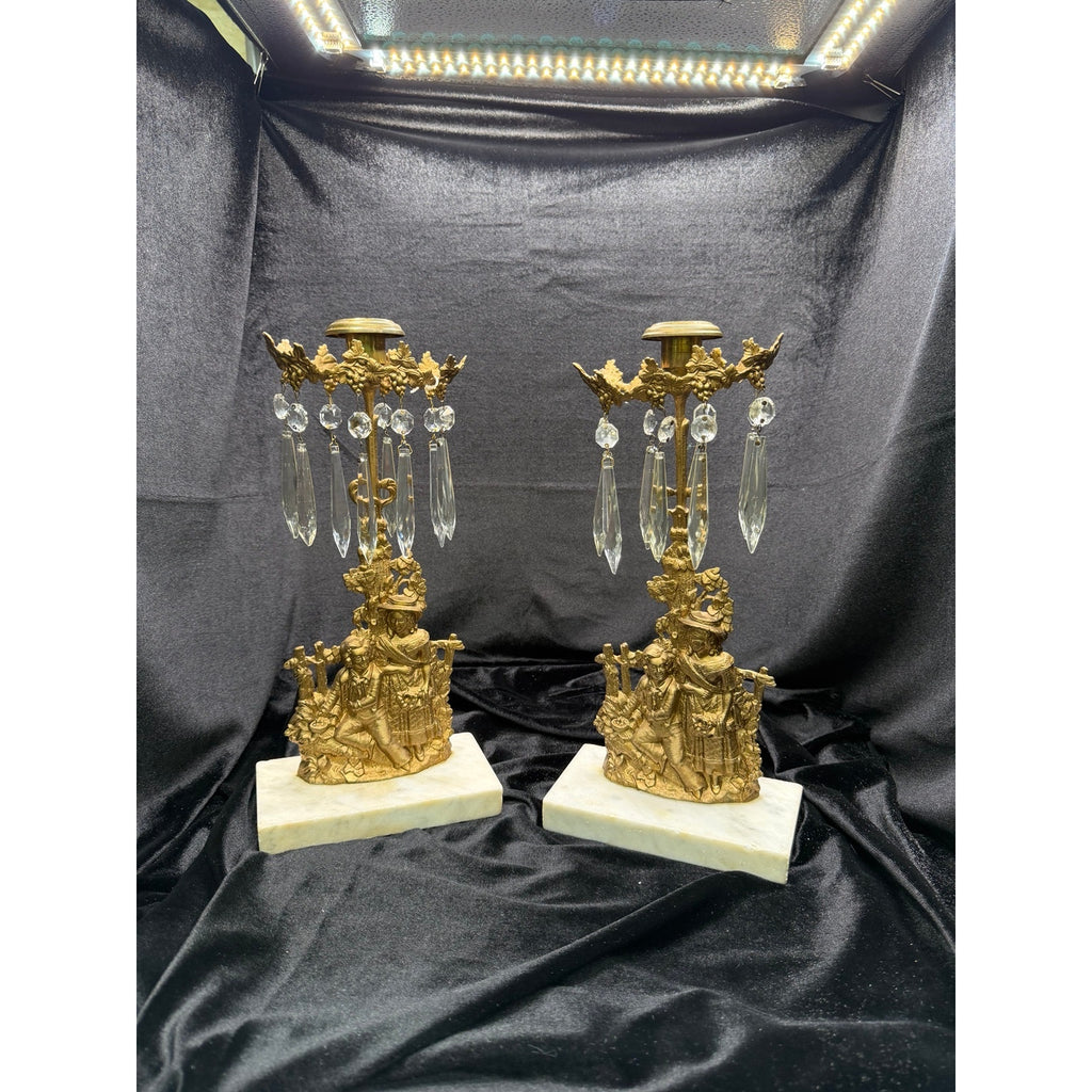Antique Victorian Figural Girandole Candlesticks Pair Marble Crystal Prisms