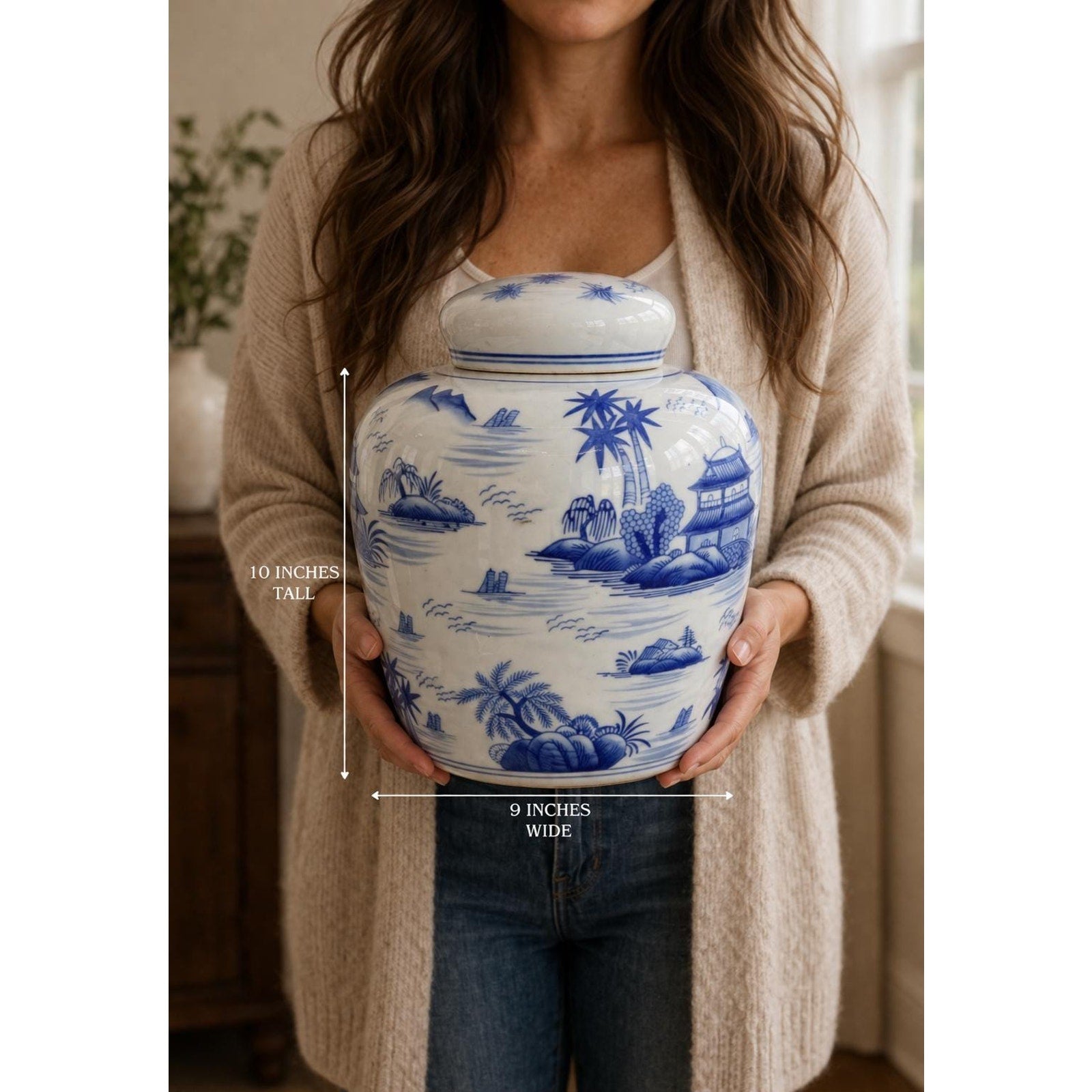 Large Vintage Blue White Chinoiserie Ginger Jar – 10 Landscape Vase