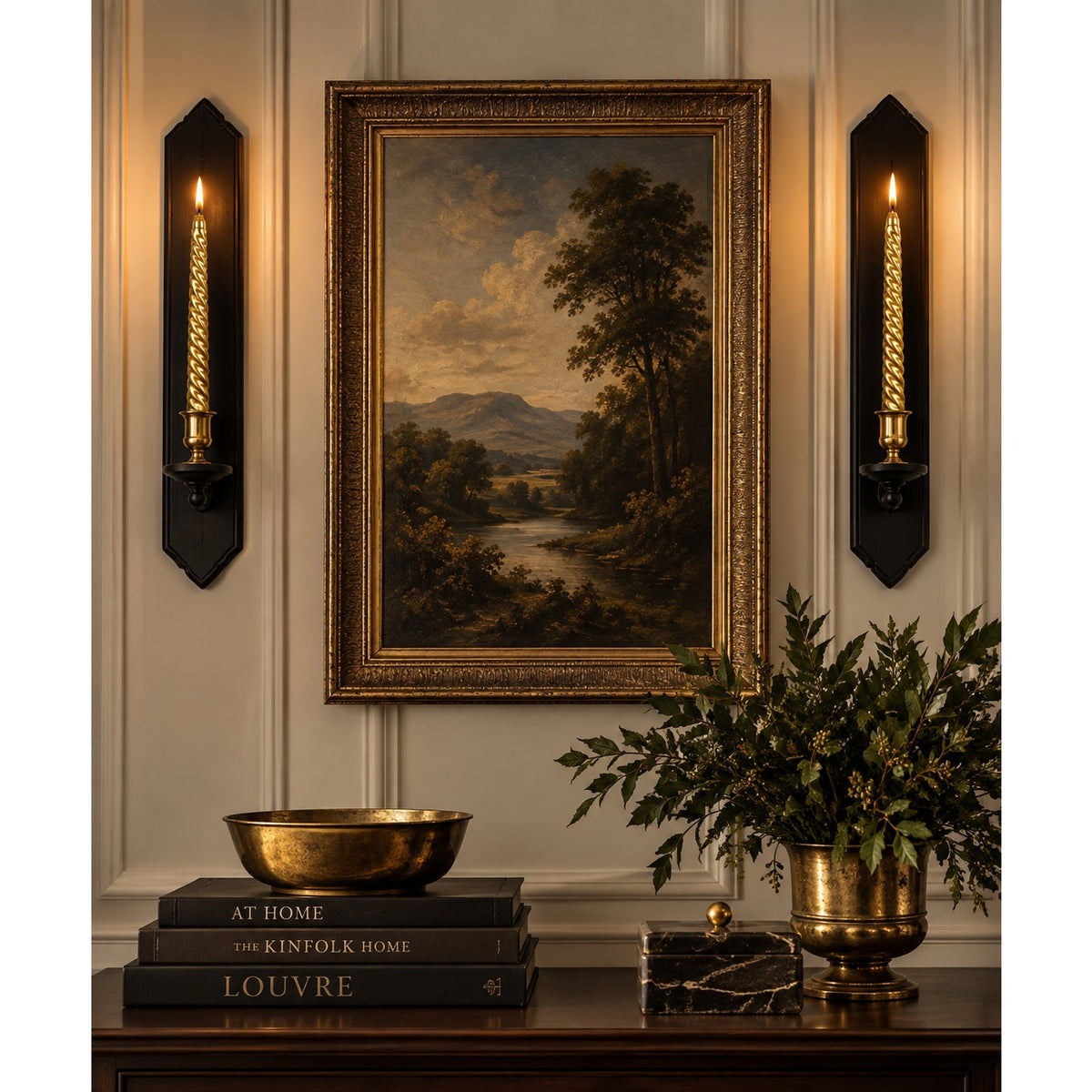 Vintage Black Wood Wall Sconces Solid Brass Candle Holders Pair W Candles – main view